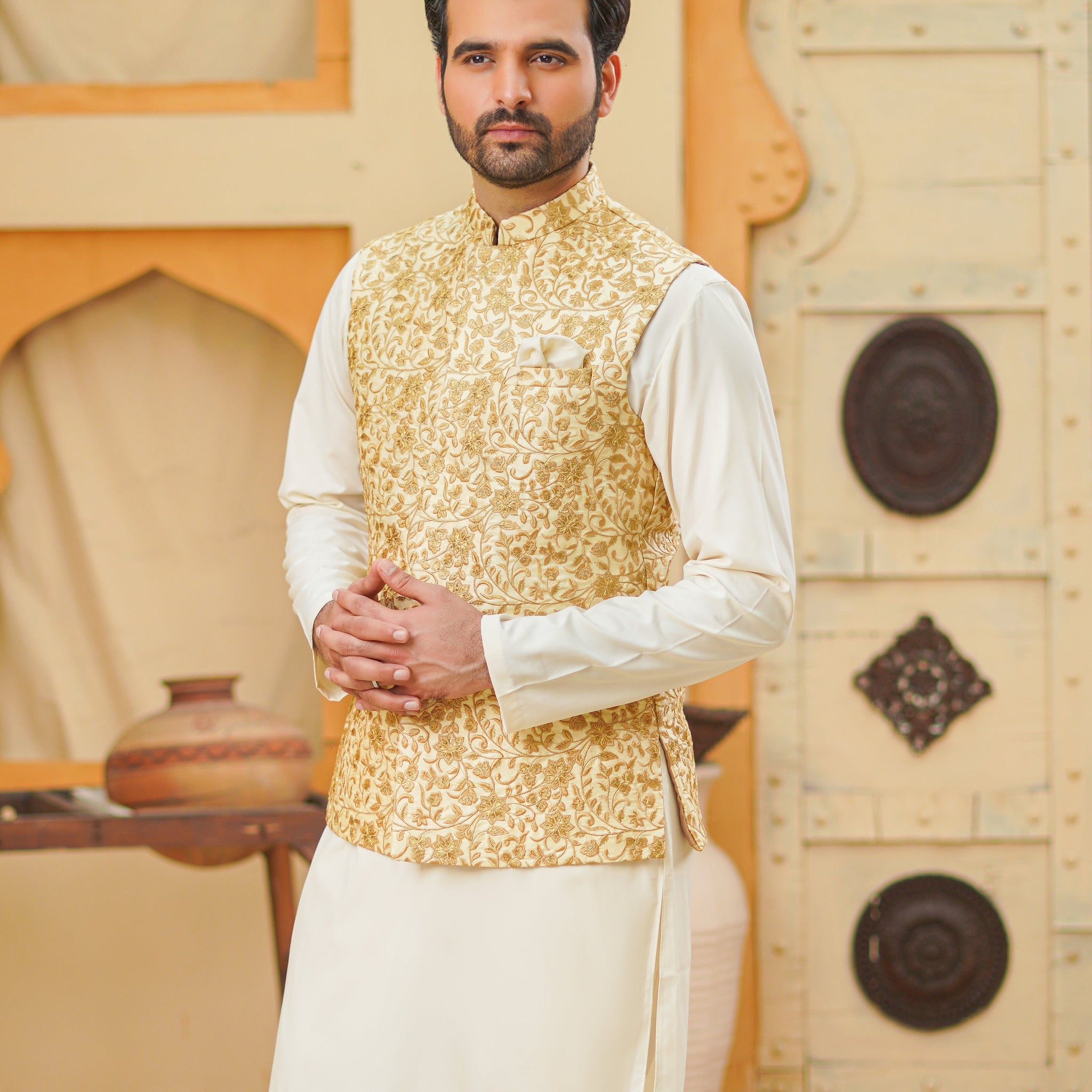 Ivory Base Light Golden Embroidery Waist Coat