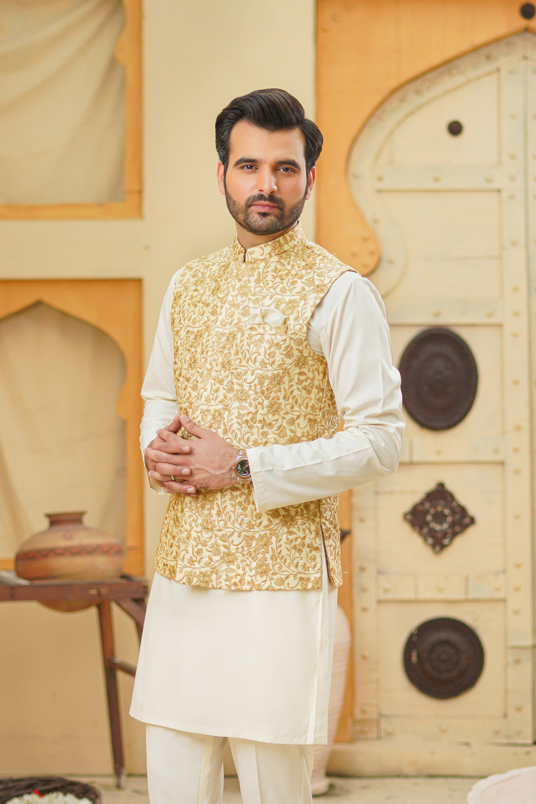 Ivory Base Light Golden Embroidery Waist Coat