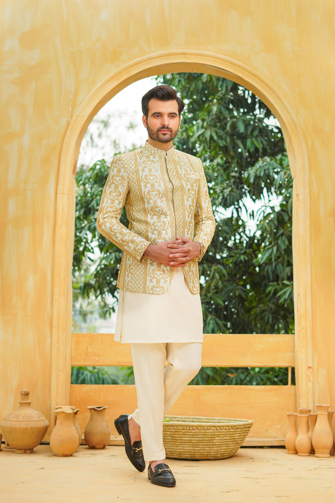 Light Ferozi Beige Self Sequence Prince Coat