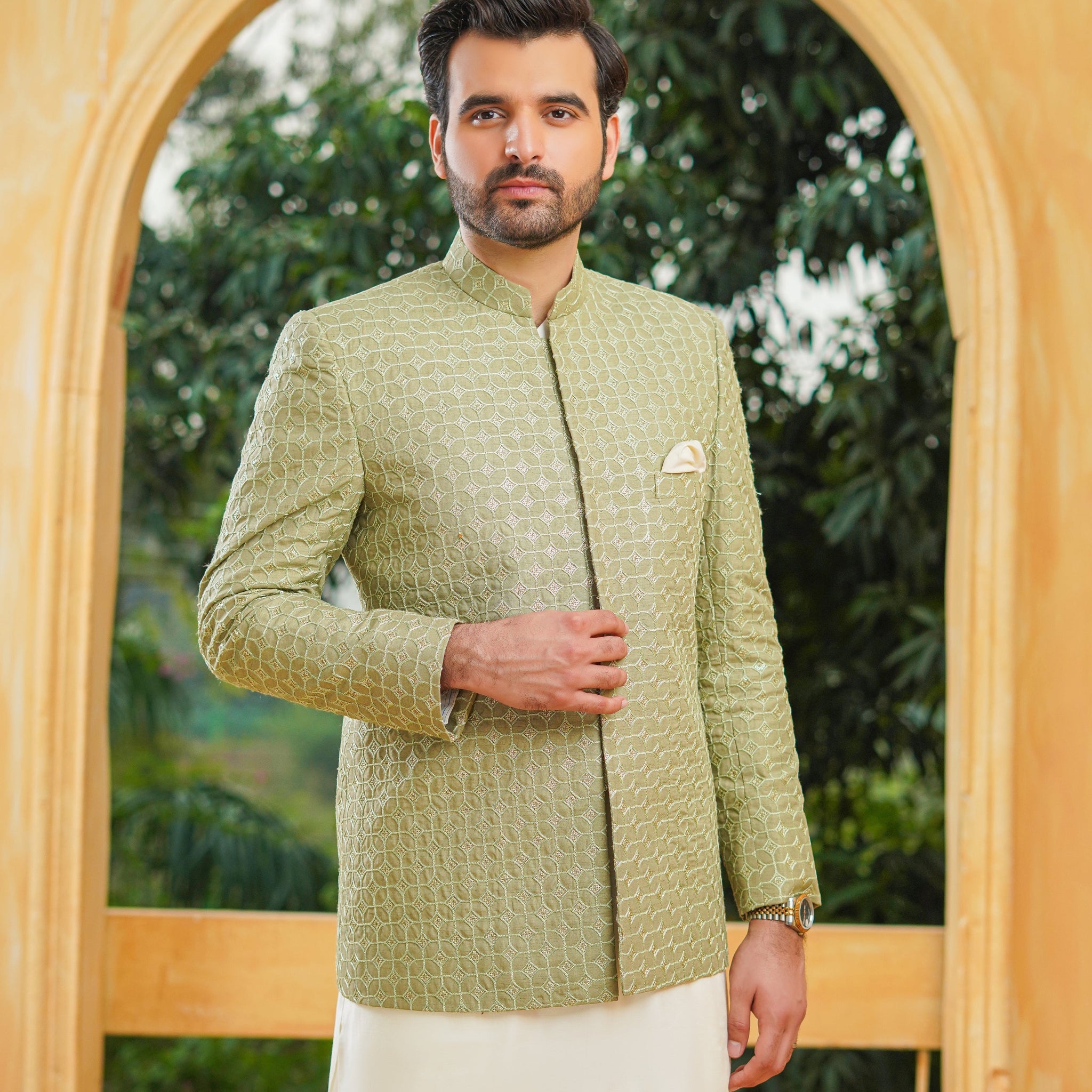 Mint Green Embroidery Sequence Prince Coat