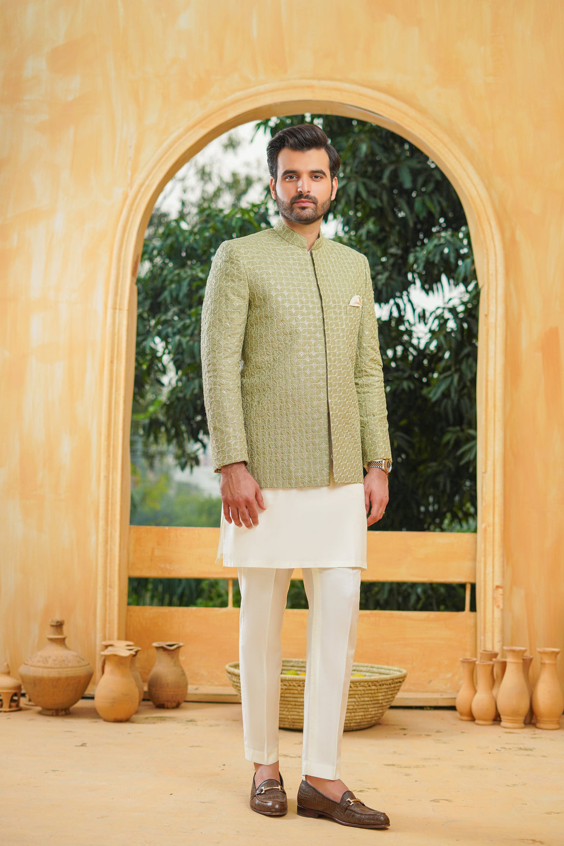 Mint Green Embroidery Sequence Prince Coat