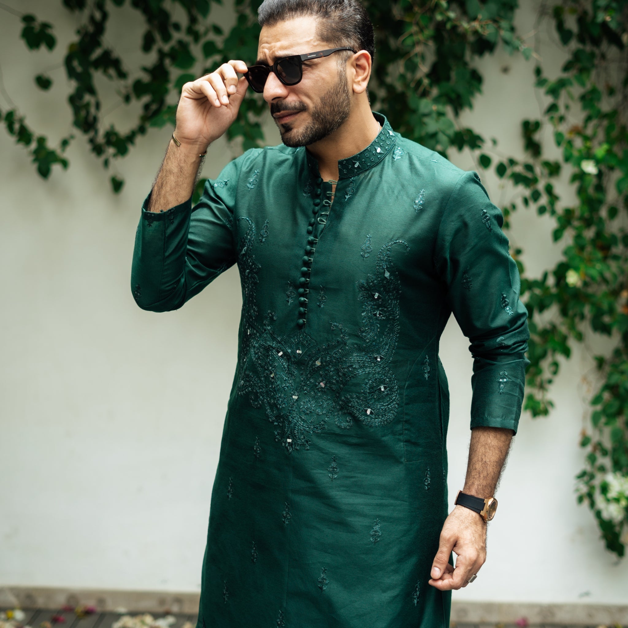 Bottle Green Mirror Embossed Kurta Shalwar