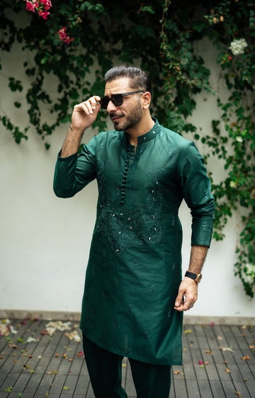 Bottle Green Mirror Embossed Kurta Shalwar