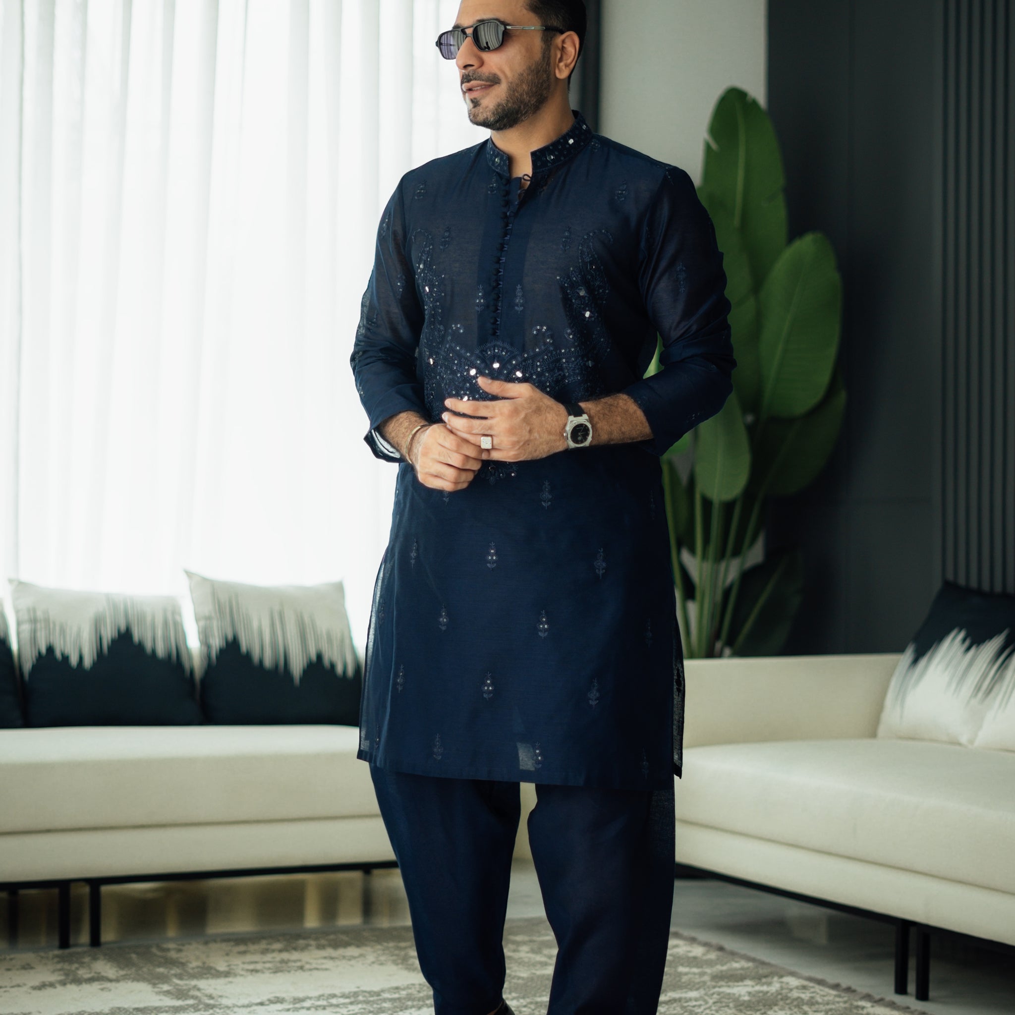 Navy Blue Mirror Embossed Kurta Shalwar