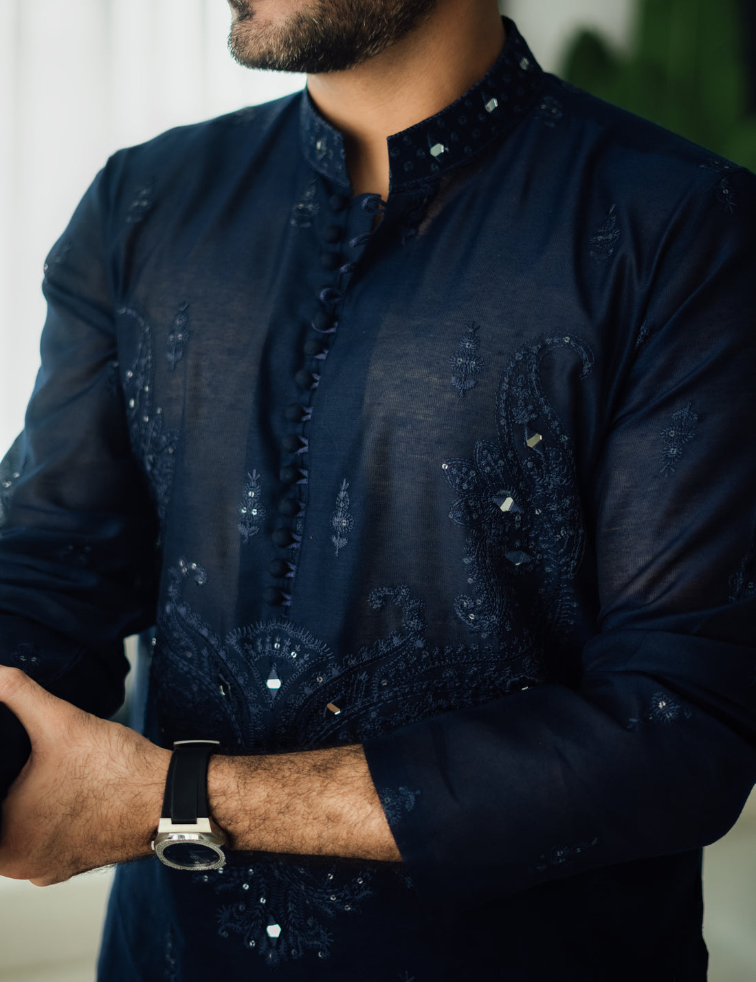 Navy Blue Mirror Embossed Kurta Shalwar