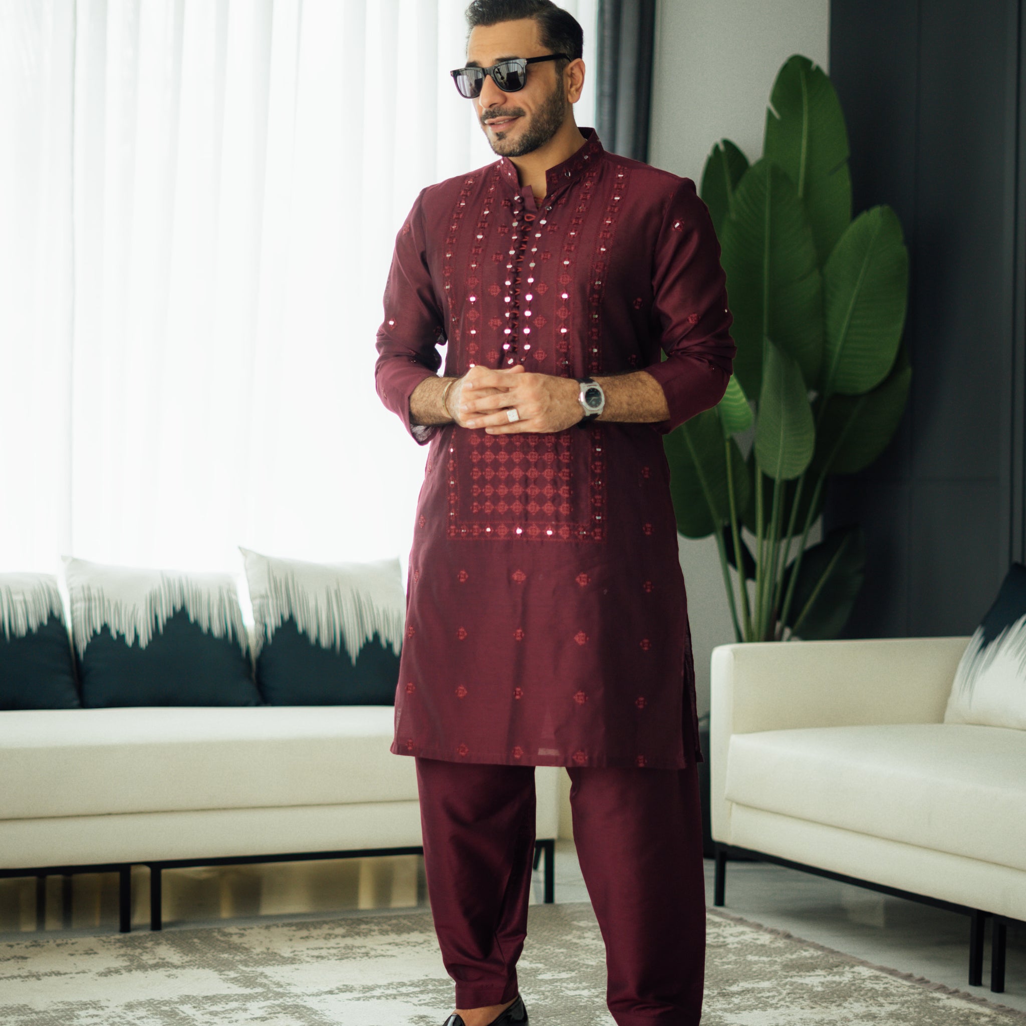 Maroon Mirror Embossed Kurta Shalwar