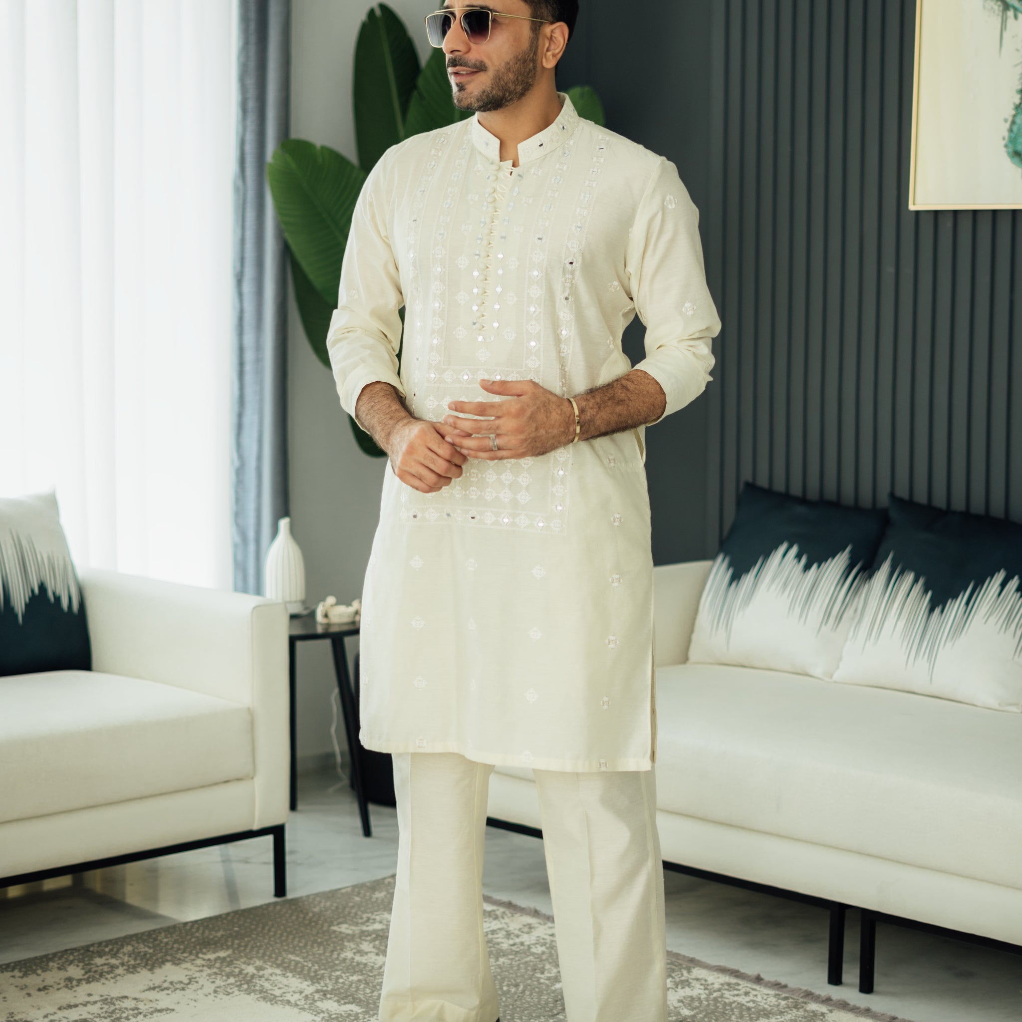 Ivory Embossed Mirror Work Kurta