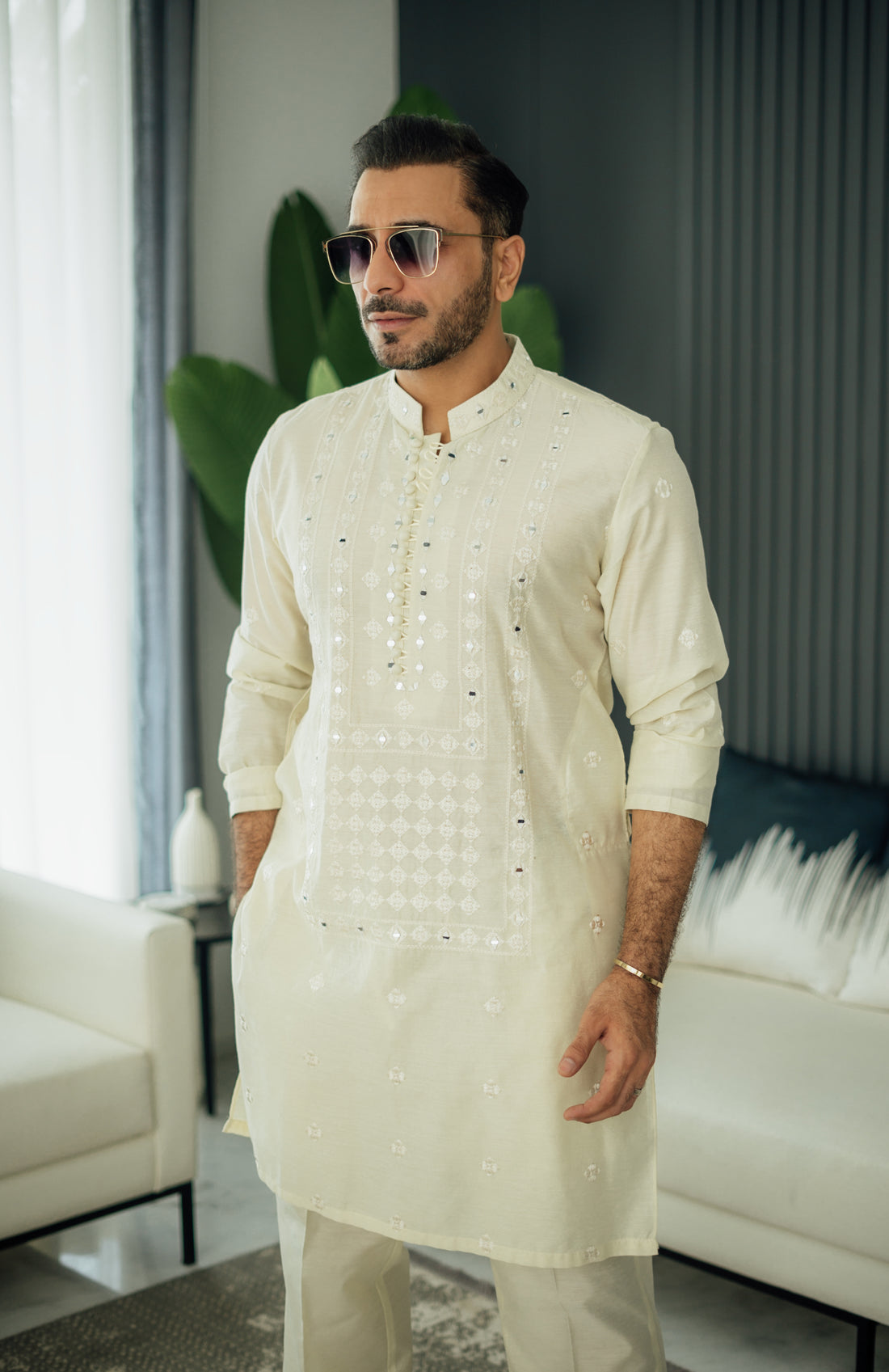 Ivory Embossed Mirror Work Kurta