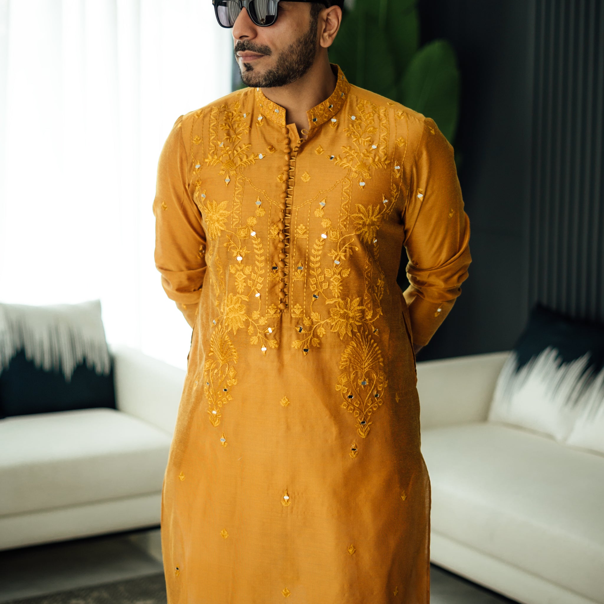 Mustard Mirror Embossed Kurta Pajama