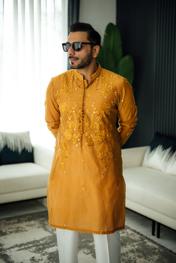 Mustard Mirror Embossed Kurta Pajama