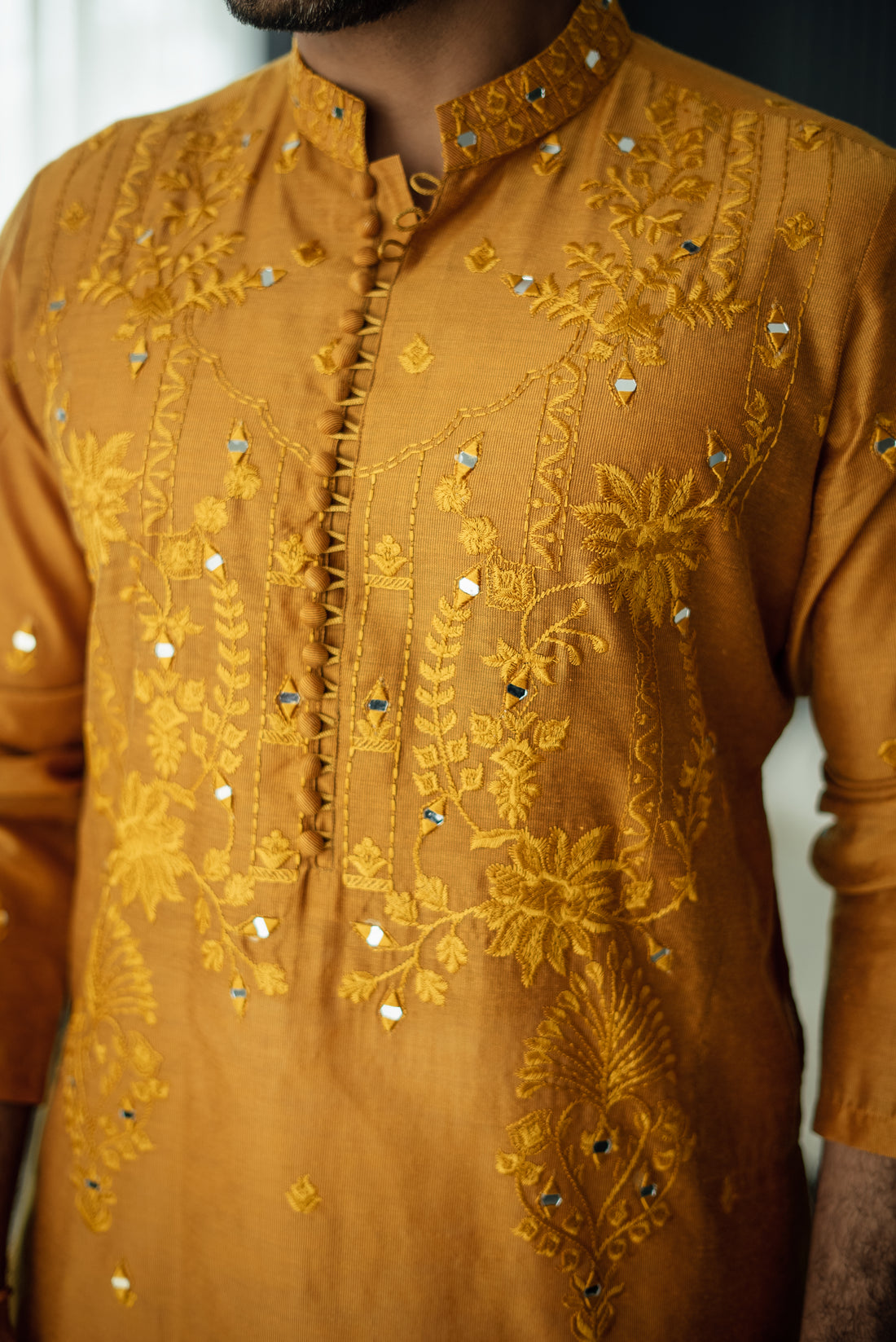 Mustard Mirror Embossed Kurta Pajama
