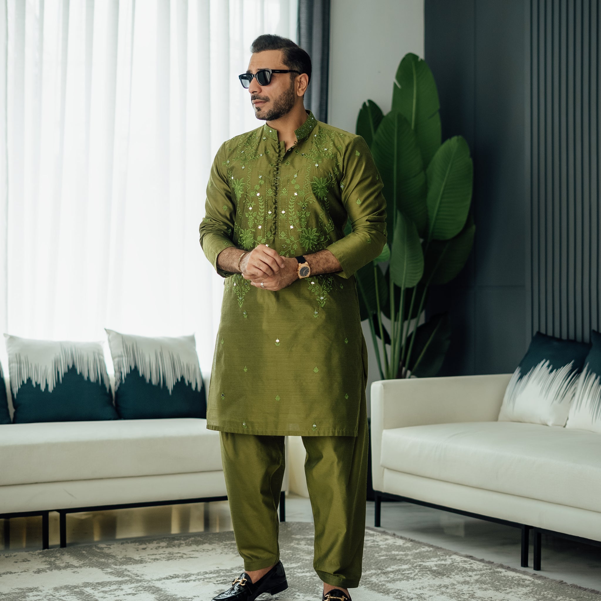 Olive Green Mirror Embossed Kurta Shalwar