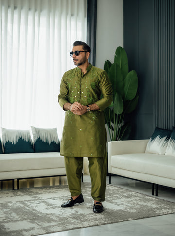 Olive Green Mirror Embossed Kurta Shalwar