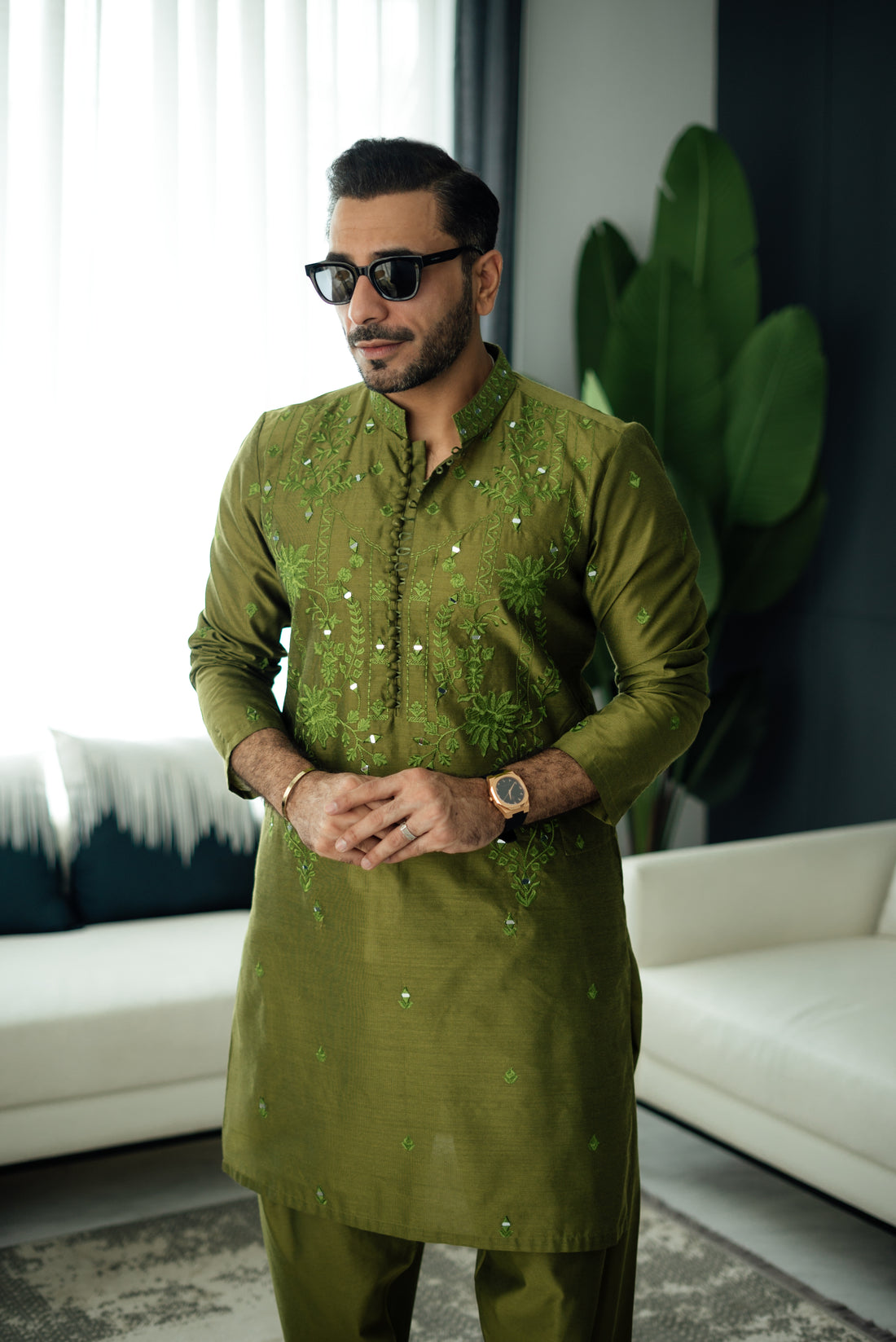 Olive Green Mirror Embossed Kurta Shalwar