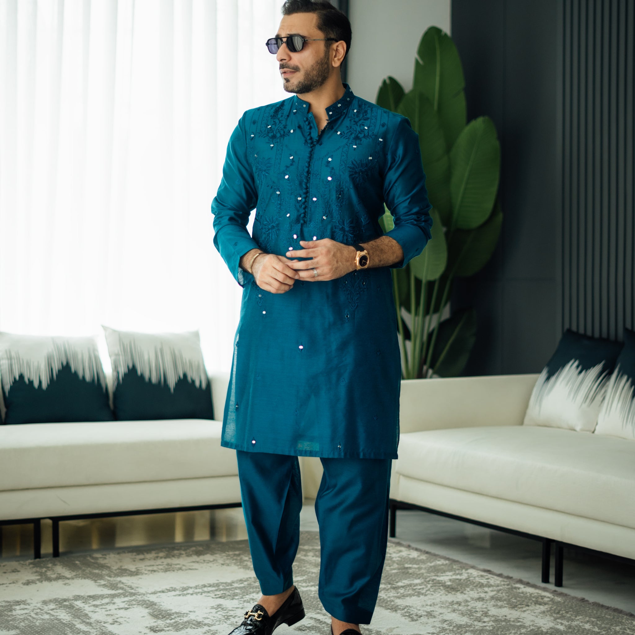 Teal Blue Mirror Embossed Kurta Shalwar