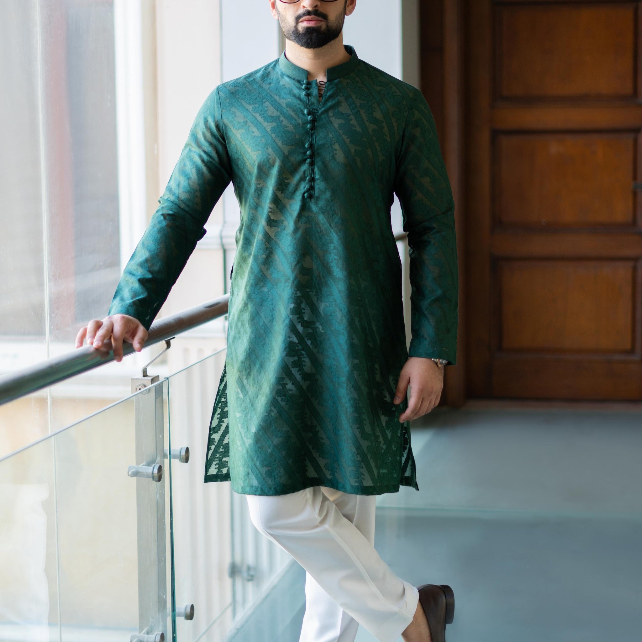 "QAMASH"  EMERALD GREEN KURTA PAJAMA
