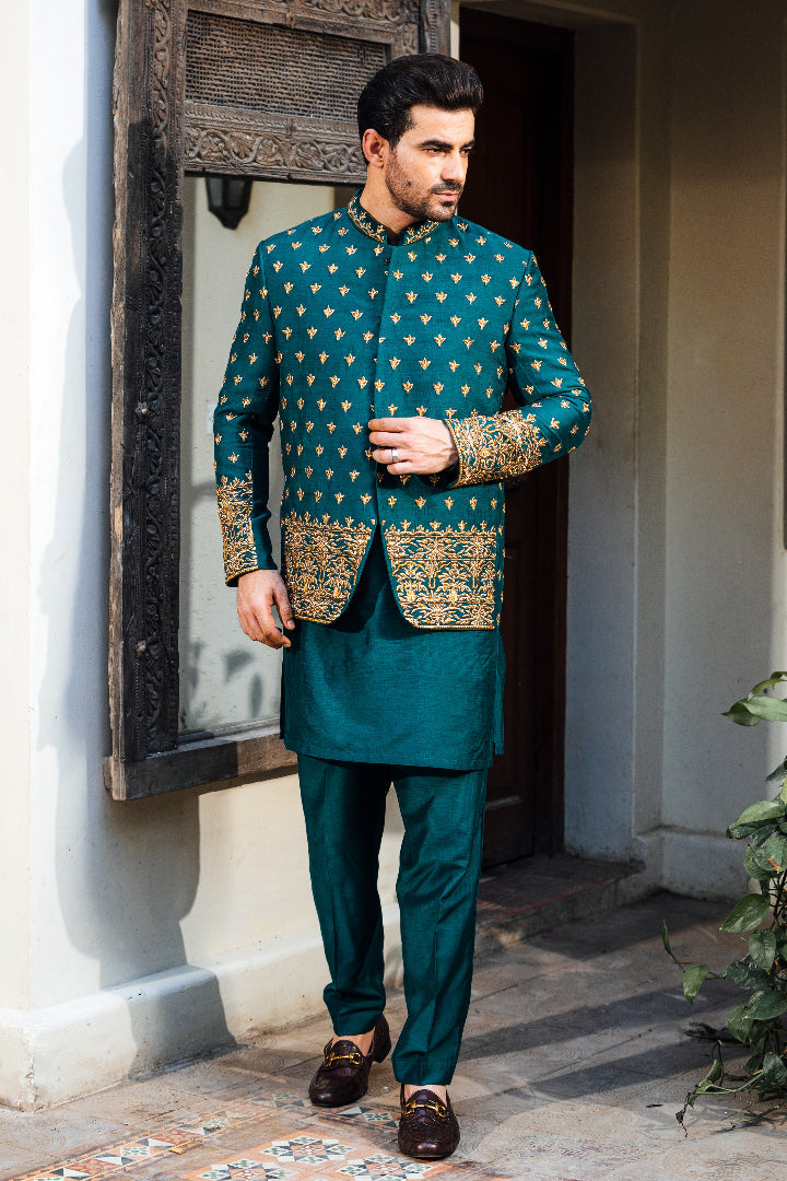 Green Cotton Silk Prince Coat