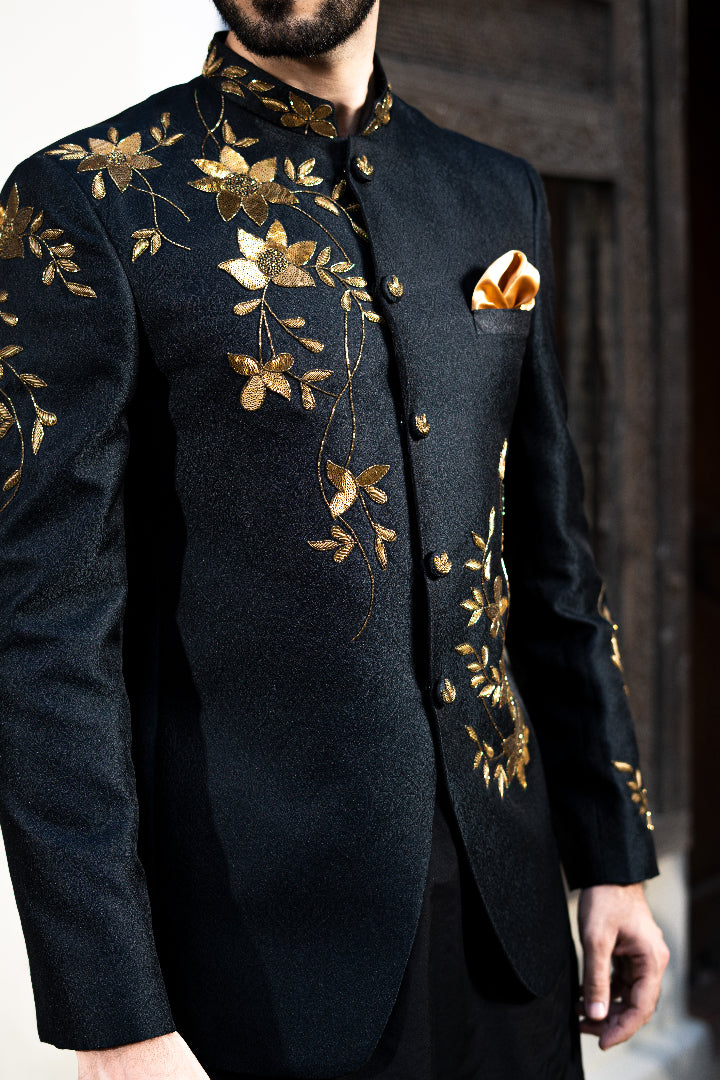 Black Self Jamawar Prince Coat