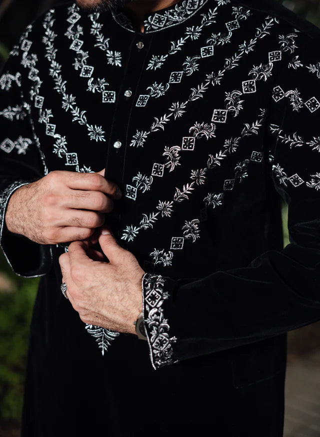BLACK & SILVER VELVET KURTA PAJAMA