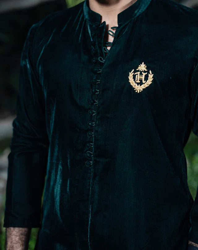 GREEN VELVET FRONT OPEN KURTA PAJAMA