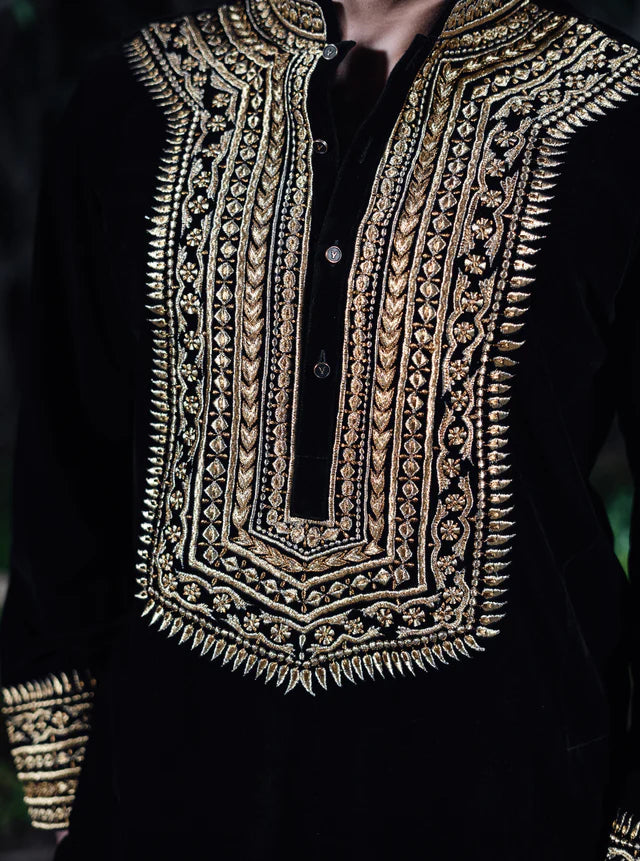 BLACK & GOLD VELVET KURTA PAJAMA