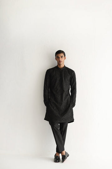 BLACK EMBOSSED, EMBROIDERED KURTA PAJAMA