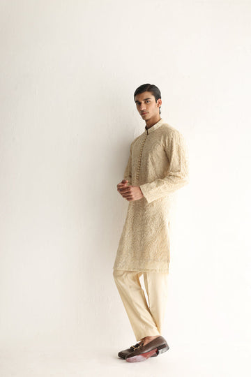 Beige Embroidered Embellish Full Hand Work Kurta Pajama