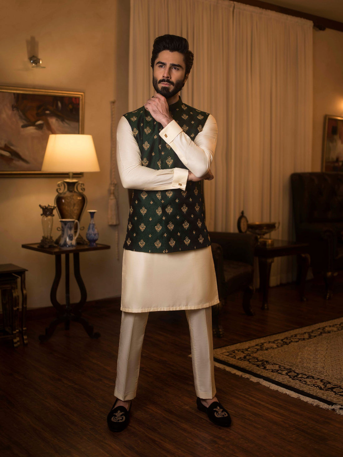 Dark Green Cotton Silk Waist Coat