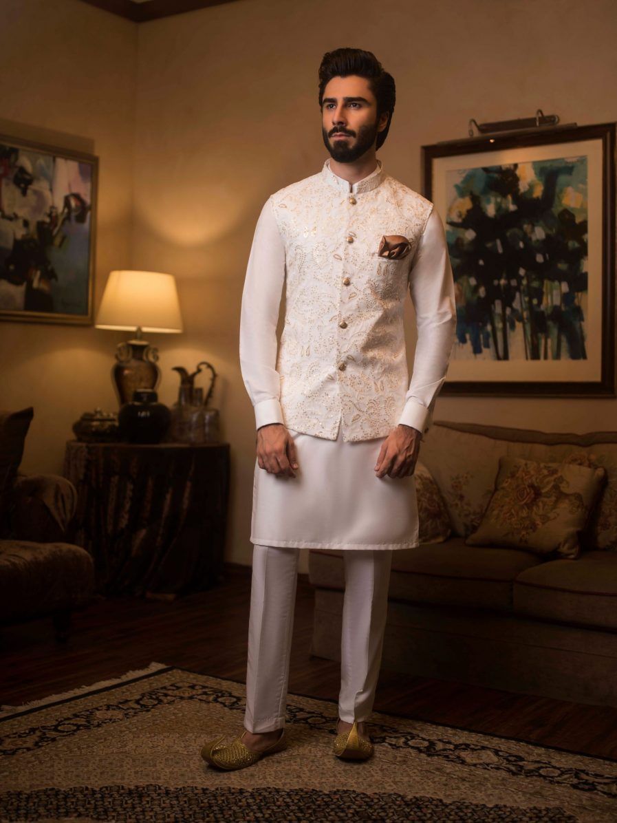 White Embossed Sequence Waist Coat