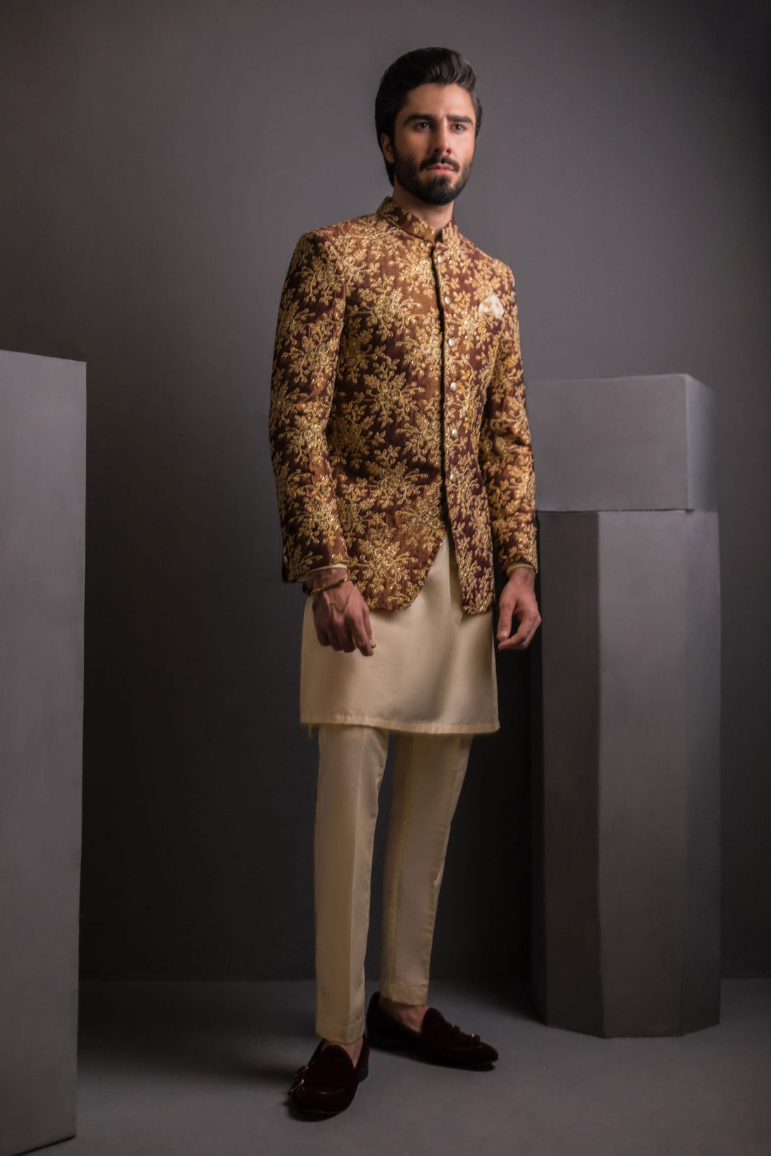 Brown Beige Embossed Prince Coat