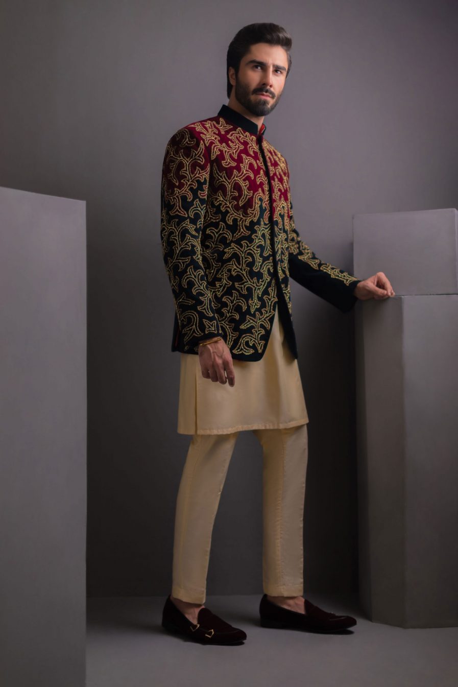 Dual Color Velvet Hand Embroidered Prince Coat