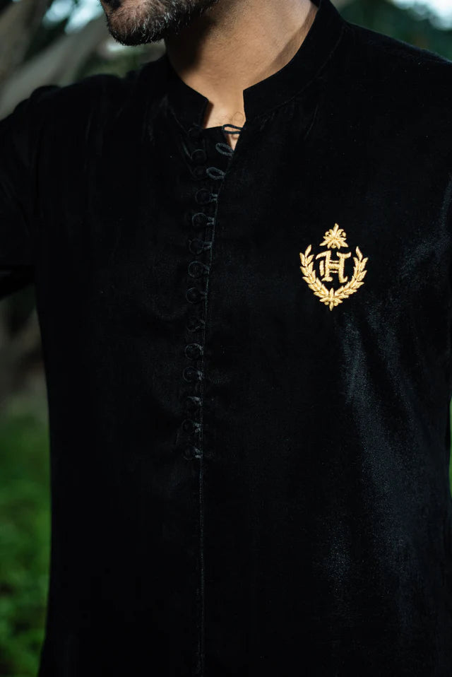BLACK VELVET FRONT OPEN KURTA PAJAMA